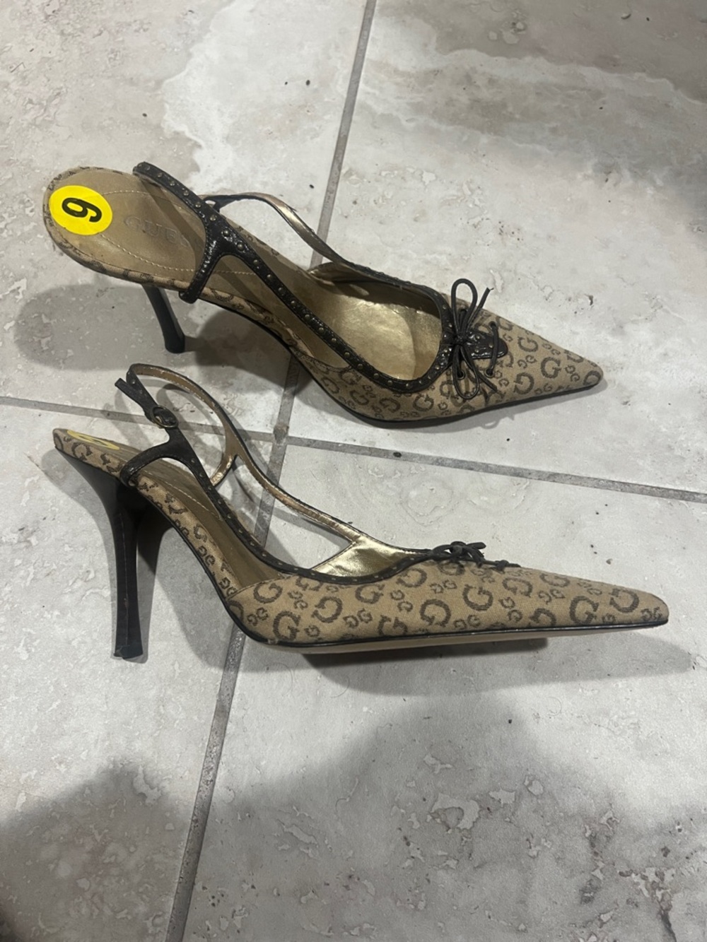 Guess Tan Monogram Slingback Pointed Heels